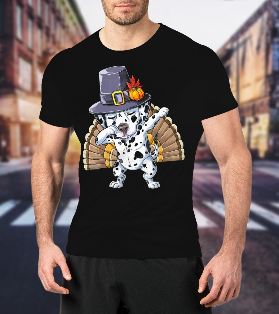 Thanksgiving Dabbing Dalmatian Pilgrim Hat Turkey Tail T-Shirt