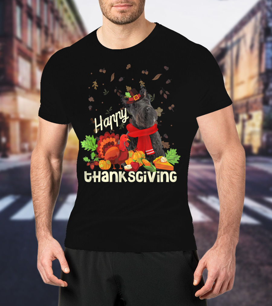 Happy Thanksgiving Pilgrim Scottish Terrier With Turkey And Fall Leaves T-Shirt