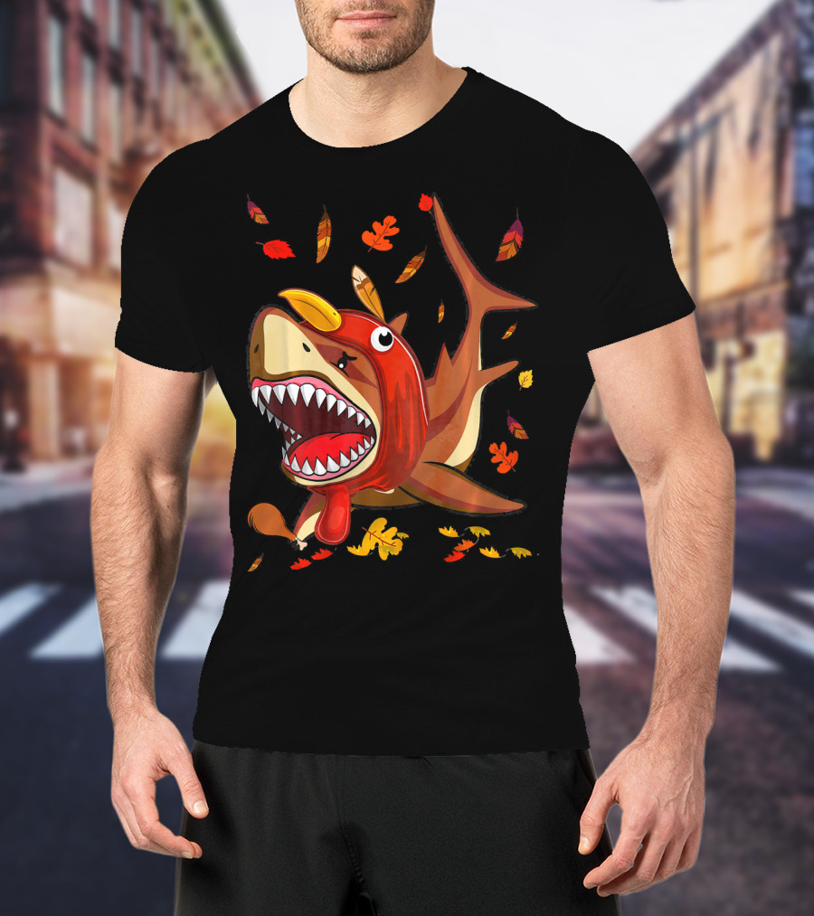 Thanksgiving Shark Doo Doo Doo Turkey Costume With Fall Leaves T-Shirt