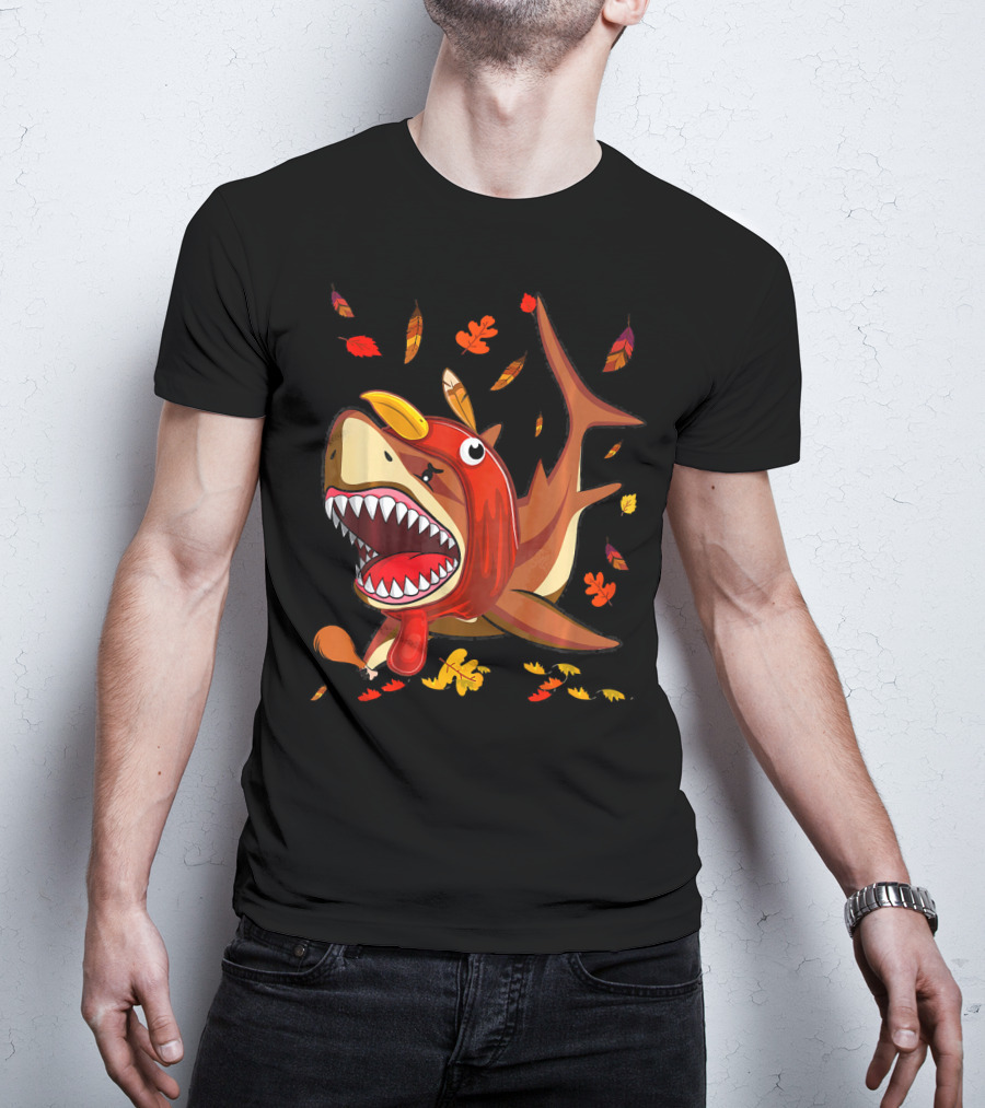 Thanksgiving Shark Doo Doo Doo Turkey Costume With Fall Leaves T-Shirt