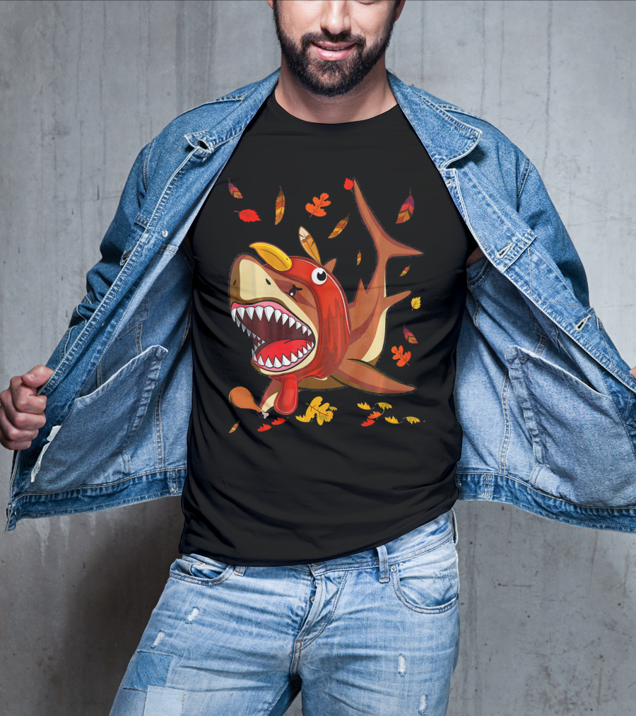 Thanksgiving Shark Doo Doo Doo Turkey Costume With Fall Leaves T-Shirt