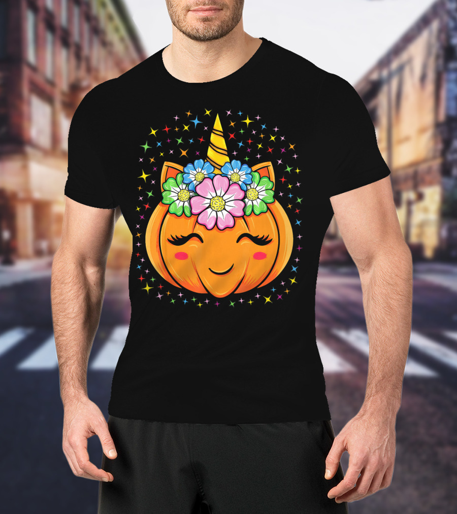 Unicorn Pumpkin Halloween Cute Floral Stars T-Shirt