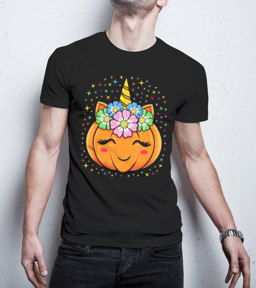 Unicorn Pumpkin Halloween Cute Floral Stars T-Shirt