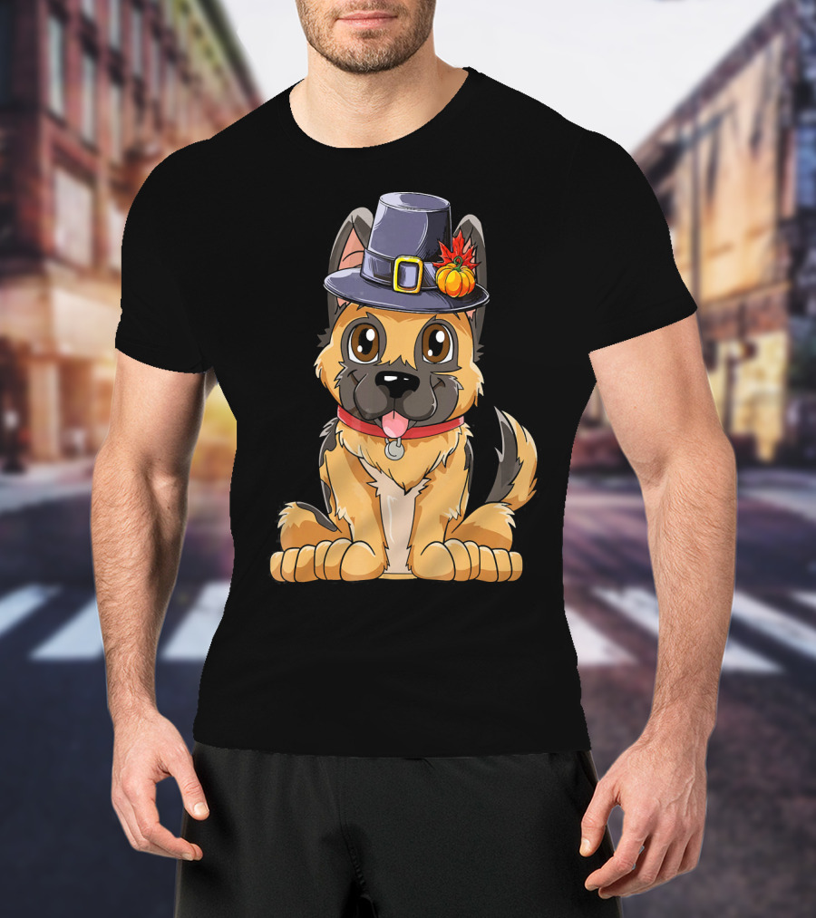 Thanksgiving Kids German Shepherd Cartoon Dog With Pilgrim Hat And Pumpkin T-Shirt