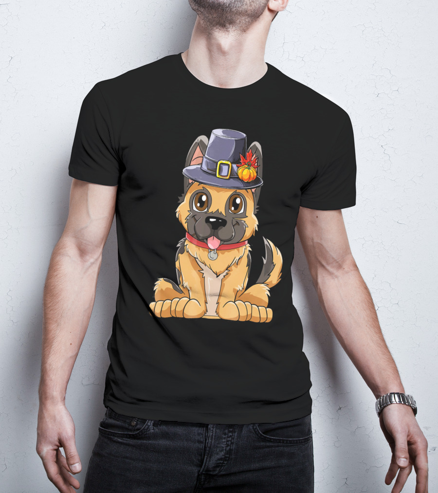 Thanksgiving Kids German Shepherd Cartoon Dog With Pilgrim Hat And Pumpkin T-Shirt