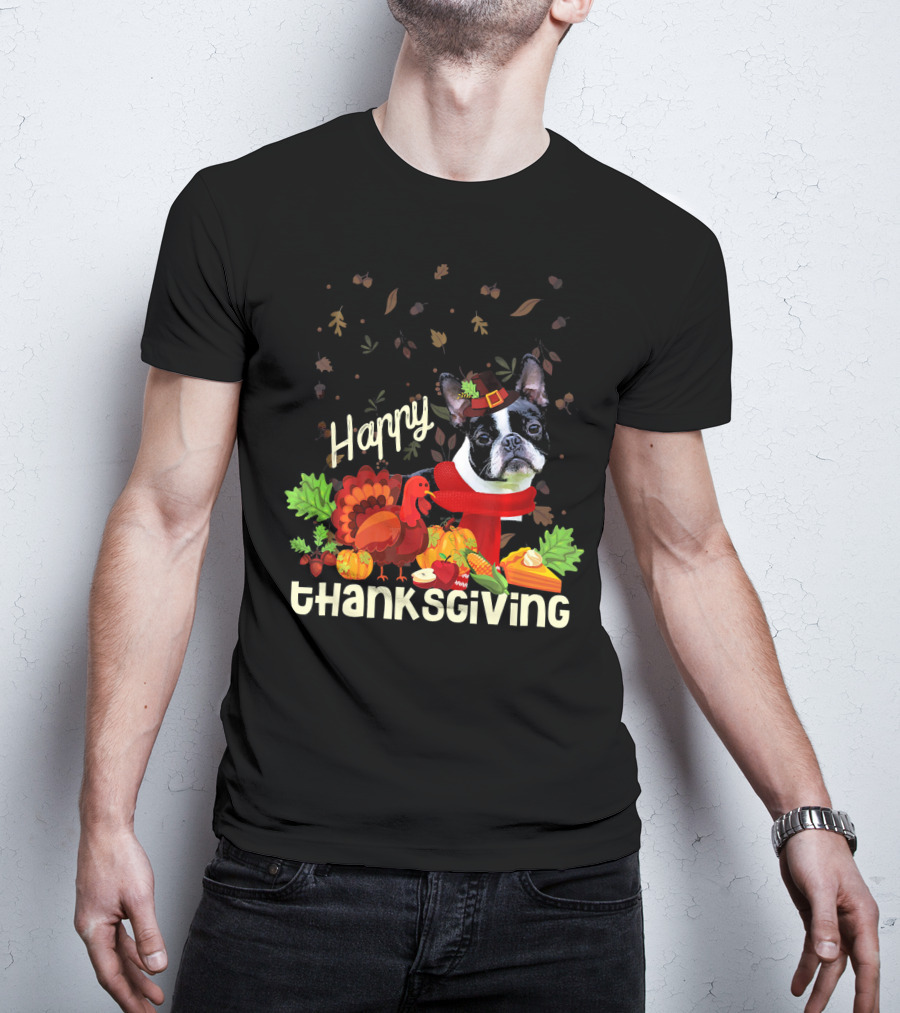Happy Thanksgiving Boston Terrier Pilgrim With Turkey And Autumn Leaves T-Shirt