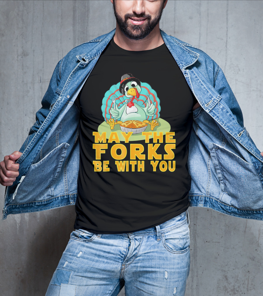 Cute Thanksgiving Turkey May The Forks Be With You Holiday T-Shirt