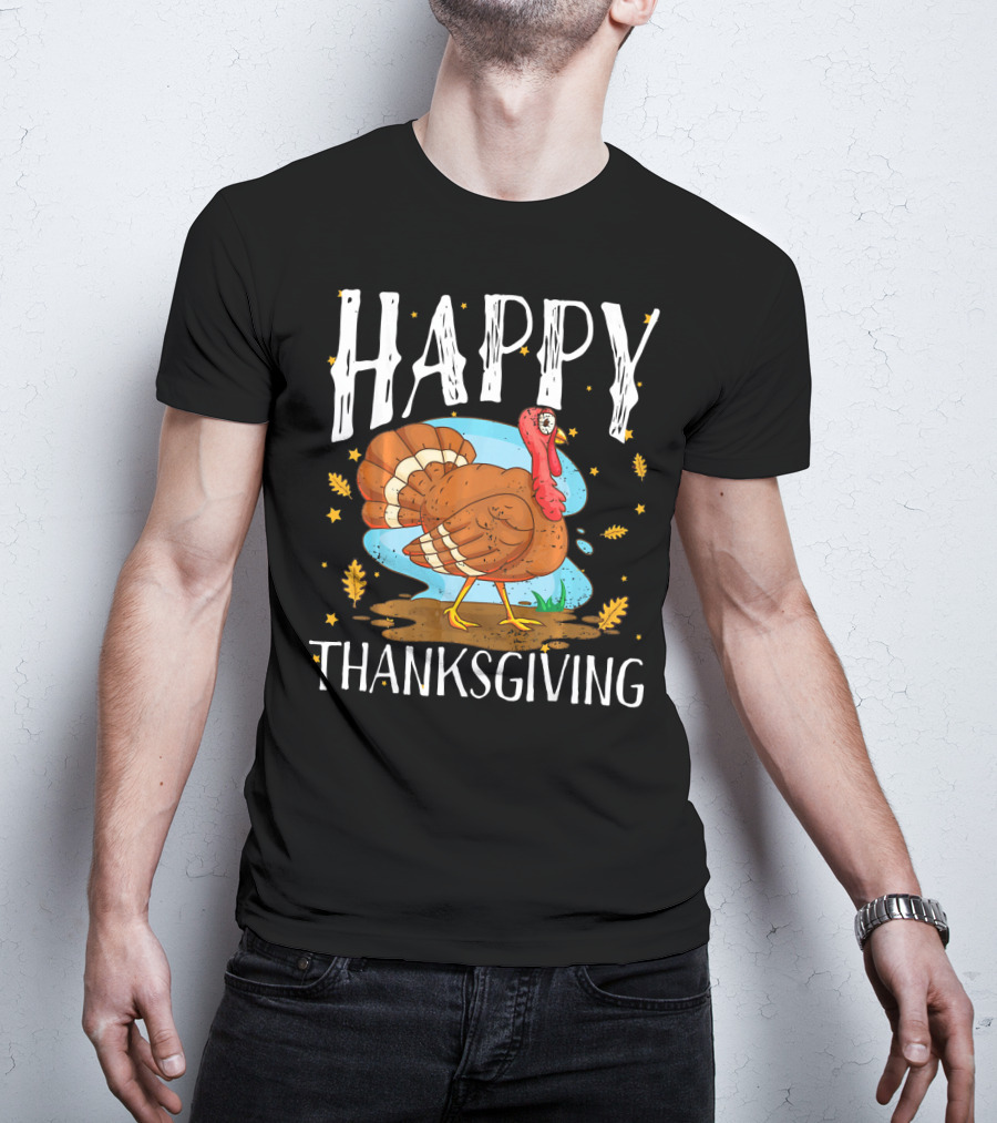 Happy Thanksgiving Funny Turkey Comic Style Leaves Stars T-Shirt