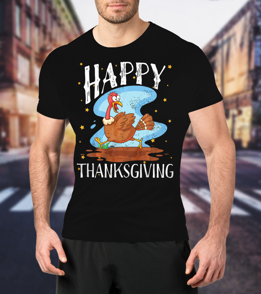 Happy Thanksgiving Running Turkey Cartoon T-Shirt