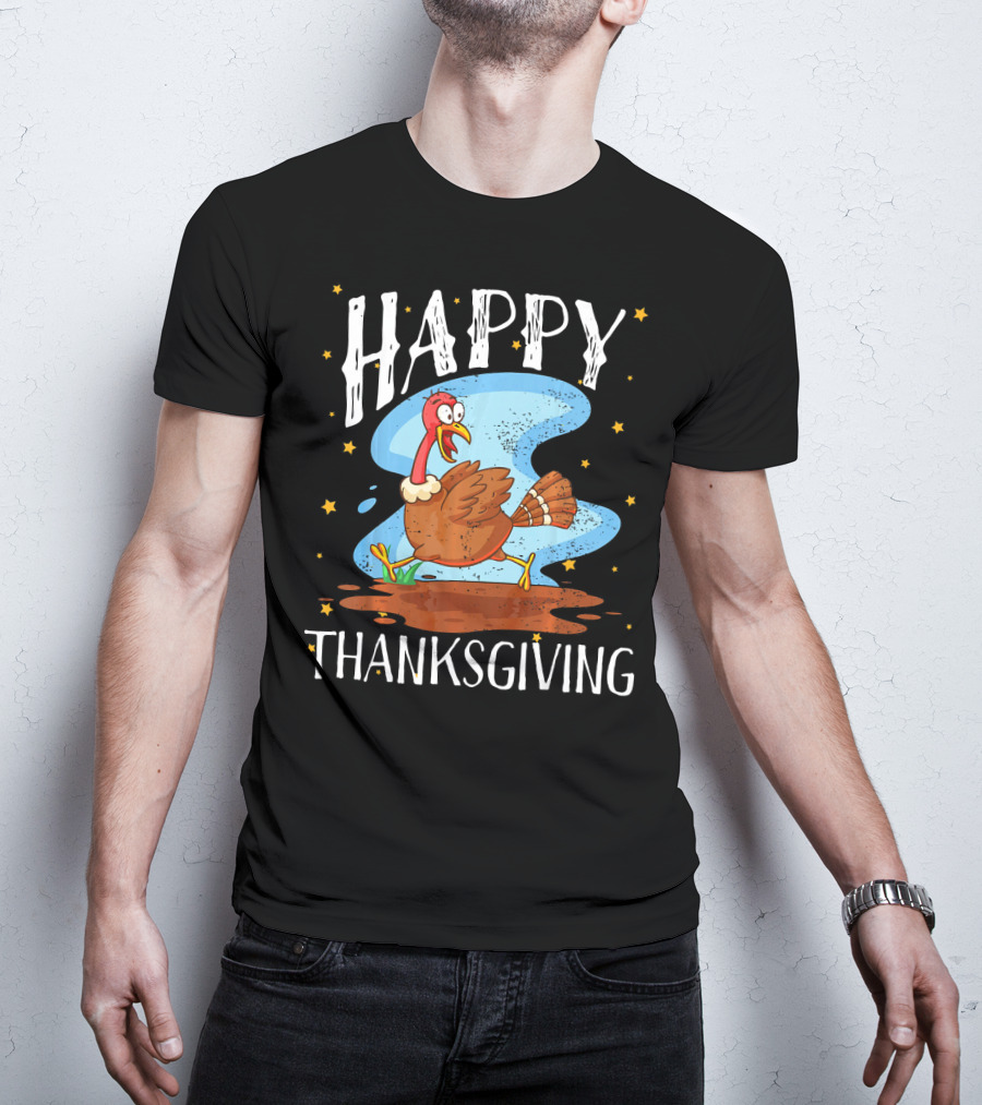 Happy Thanksgiving Running Turkey Cartoon T-Shirt