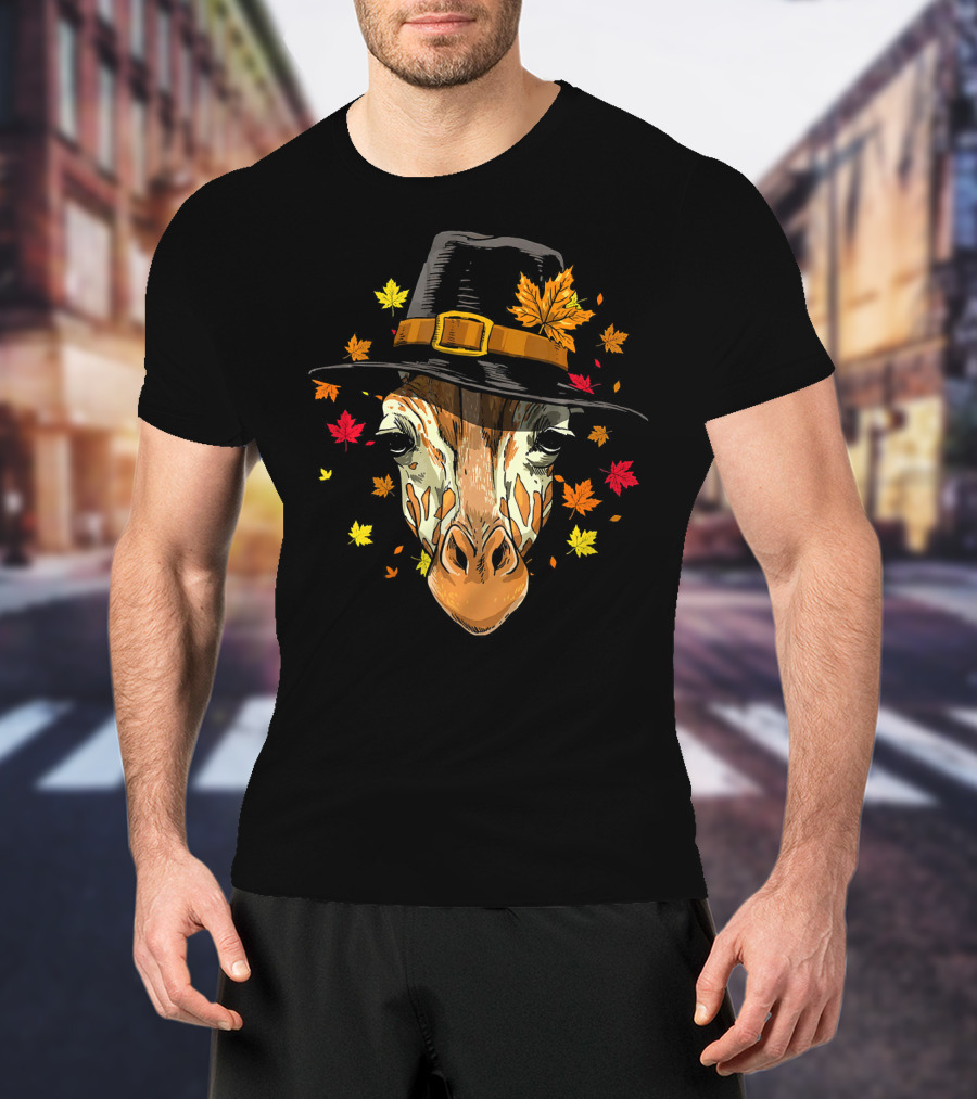 Thanksgiving Pilgrim Giraffe Autumn Leaves T-Shirt