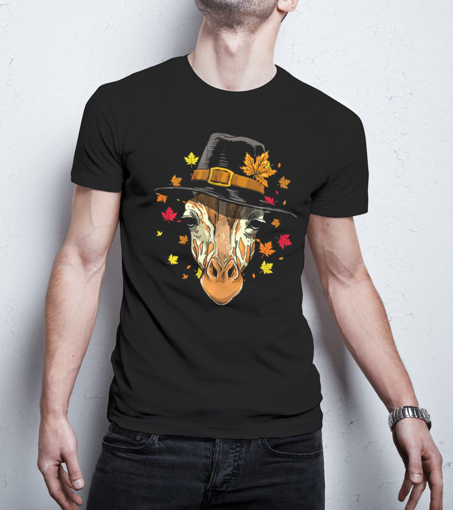 Thanksgiving Pilgrim Giraffe Autumn Leaves T-Shirt