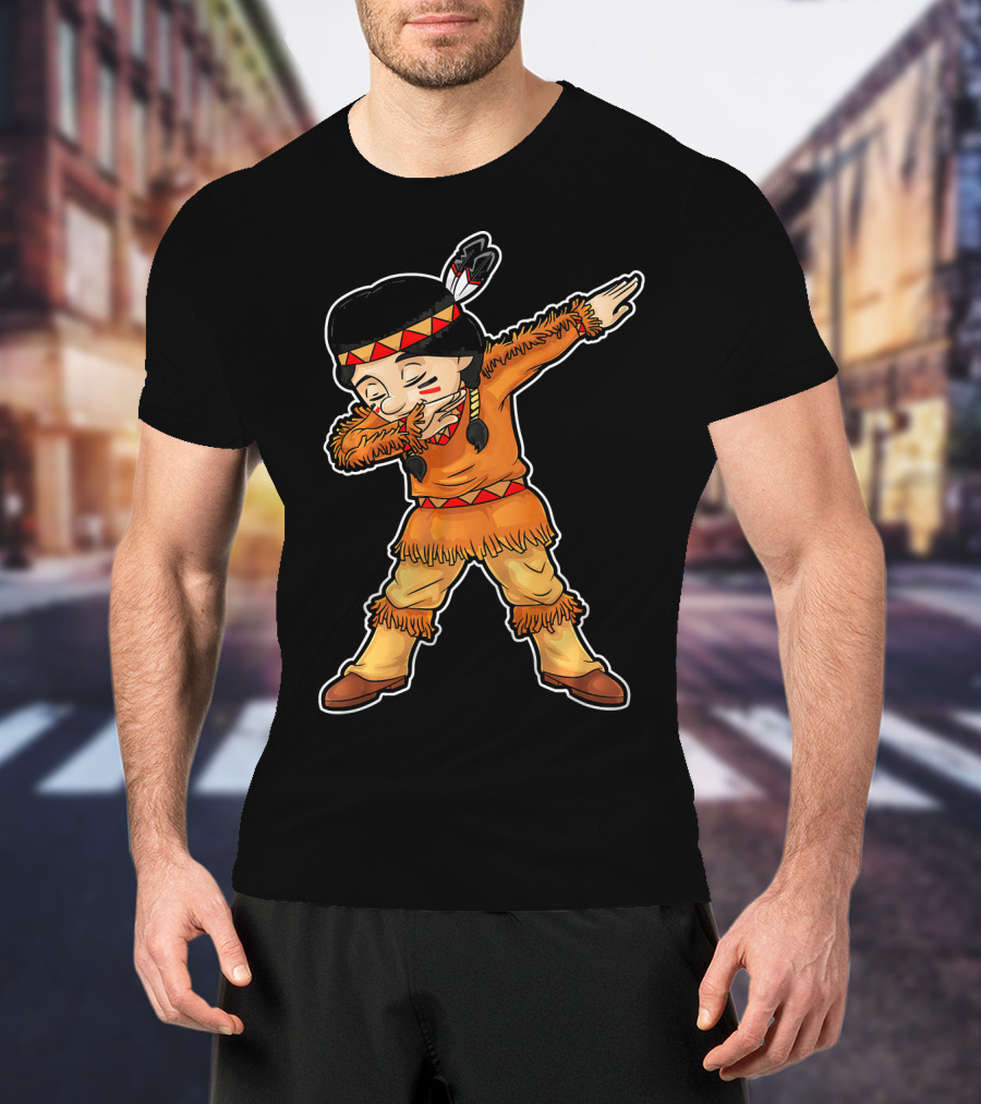 Dabbing Native American Pilgrim In Traditional Attire T-Shirt