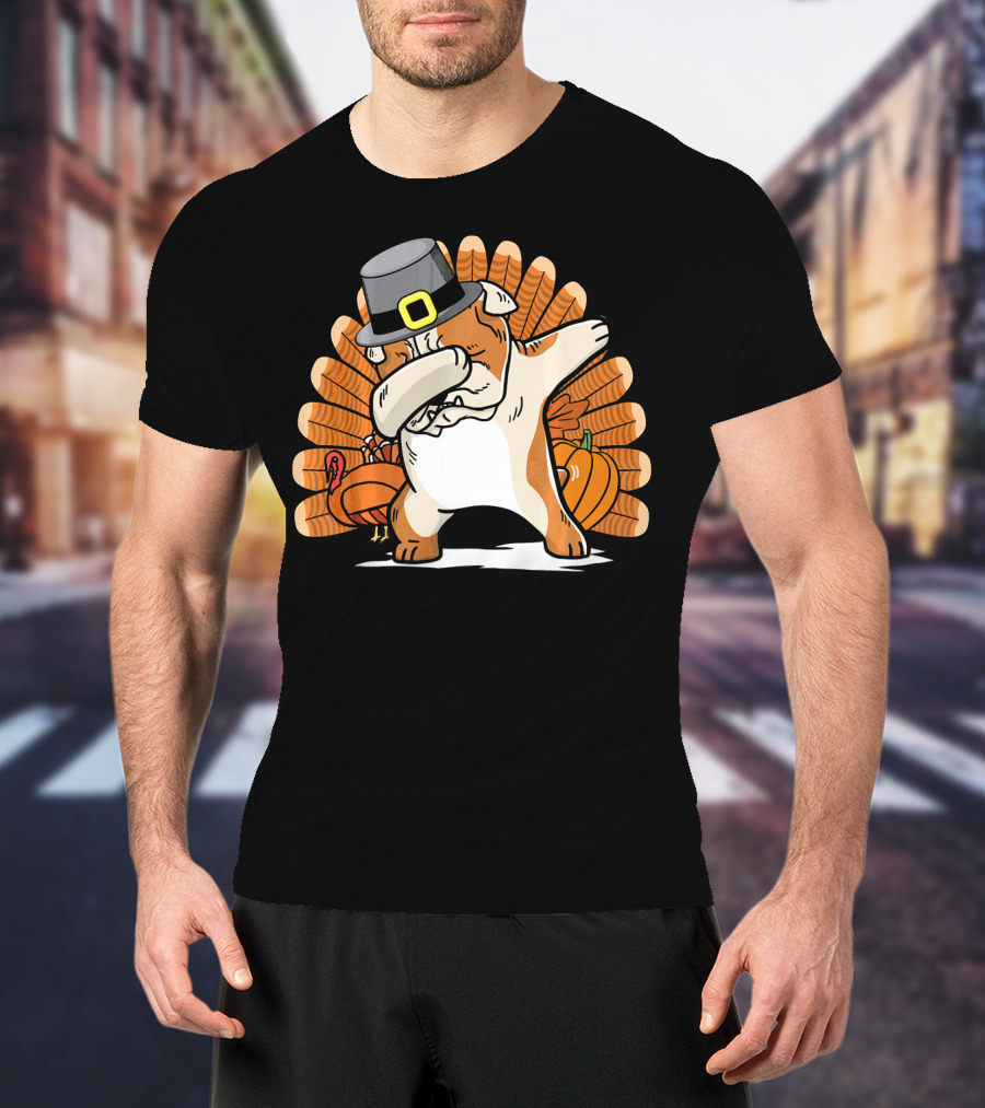 Funny Dabbing English Bulldog Thanksgiving Pilgrim Turkey Pumpkin T-Shirt