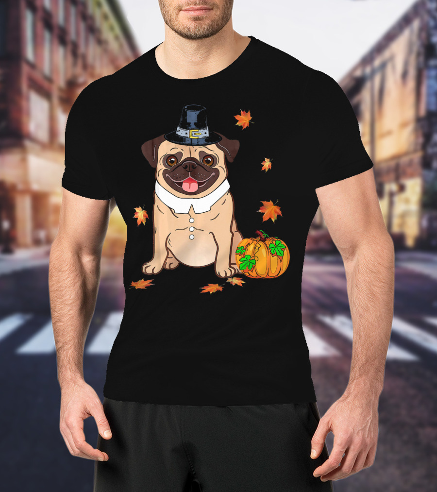 Thanksgiving Pug Pilgrim Hat Pumpkin Leaves T-Shirt