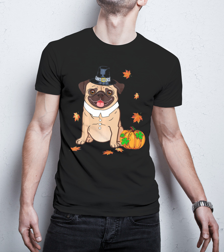 Thanksgiving Pug Pilgrim Hat Pumpkin Leaves T-Shirt