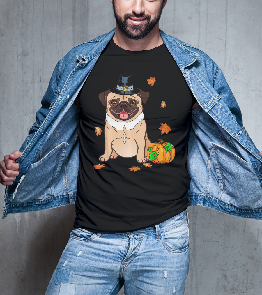 Thanksgiving Pug Pilgrim Hat Pumpkin Leaves T-Shirt