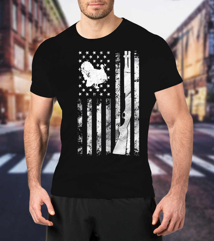 Turkey Hunting American Flag With Rifle And Stars T-Shirt