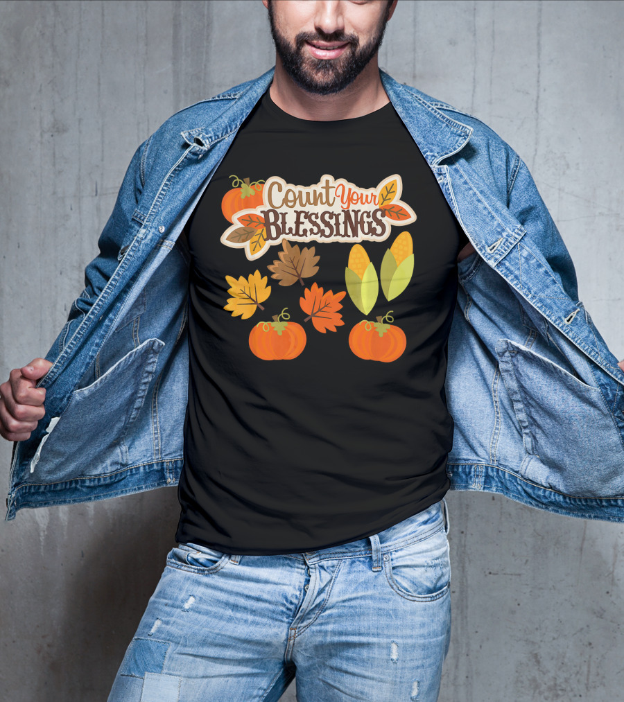Count Your Blessings Harvest Fall Thanks Autumn Leaves Pumpkins Corn T-Shirt
