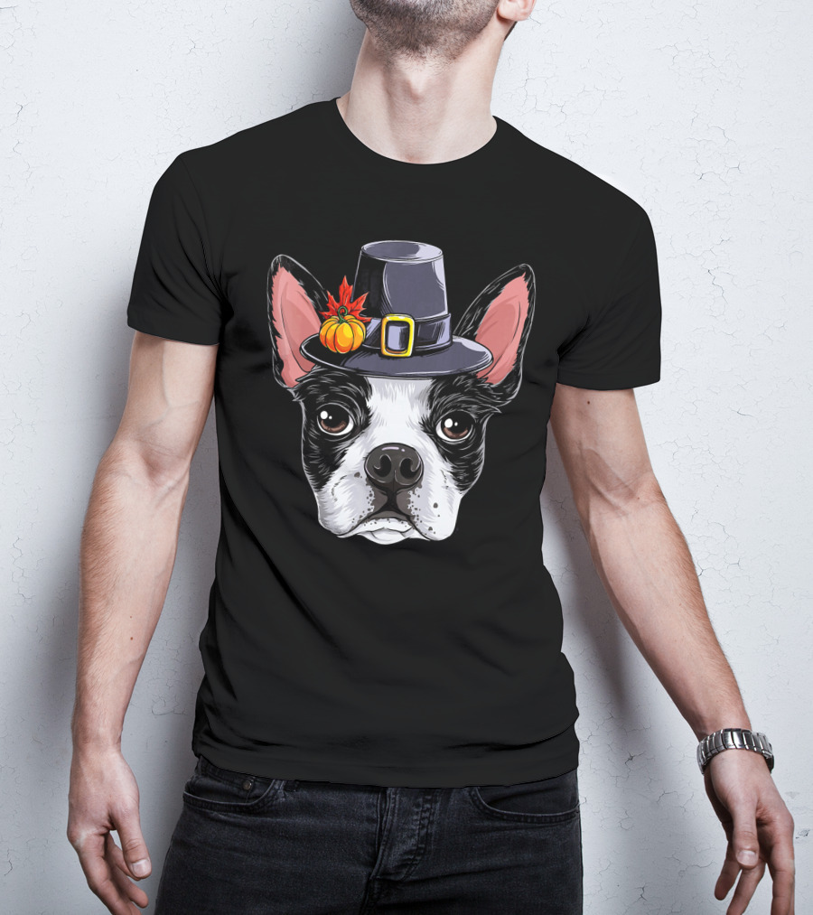 Thanksgiving Bo Boston Terrier In Pilgrim Hat With Pumpkin And Leaves T-Shirt