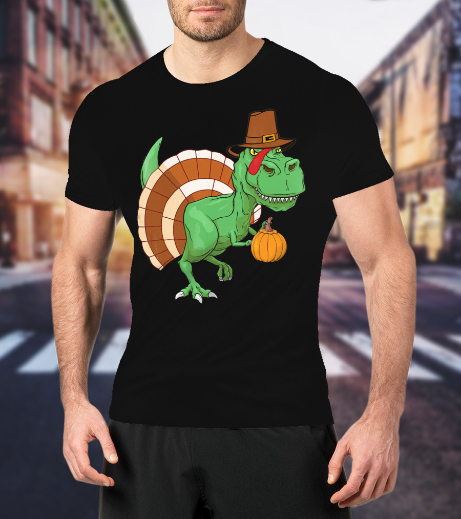Thanksgiving T-Rex Turkey With Pilgrim Hat And Pumpkin T-Shirt