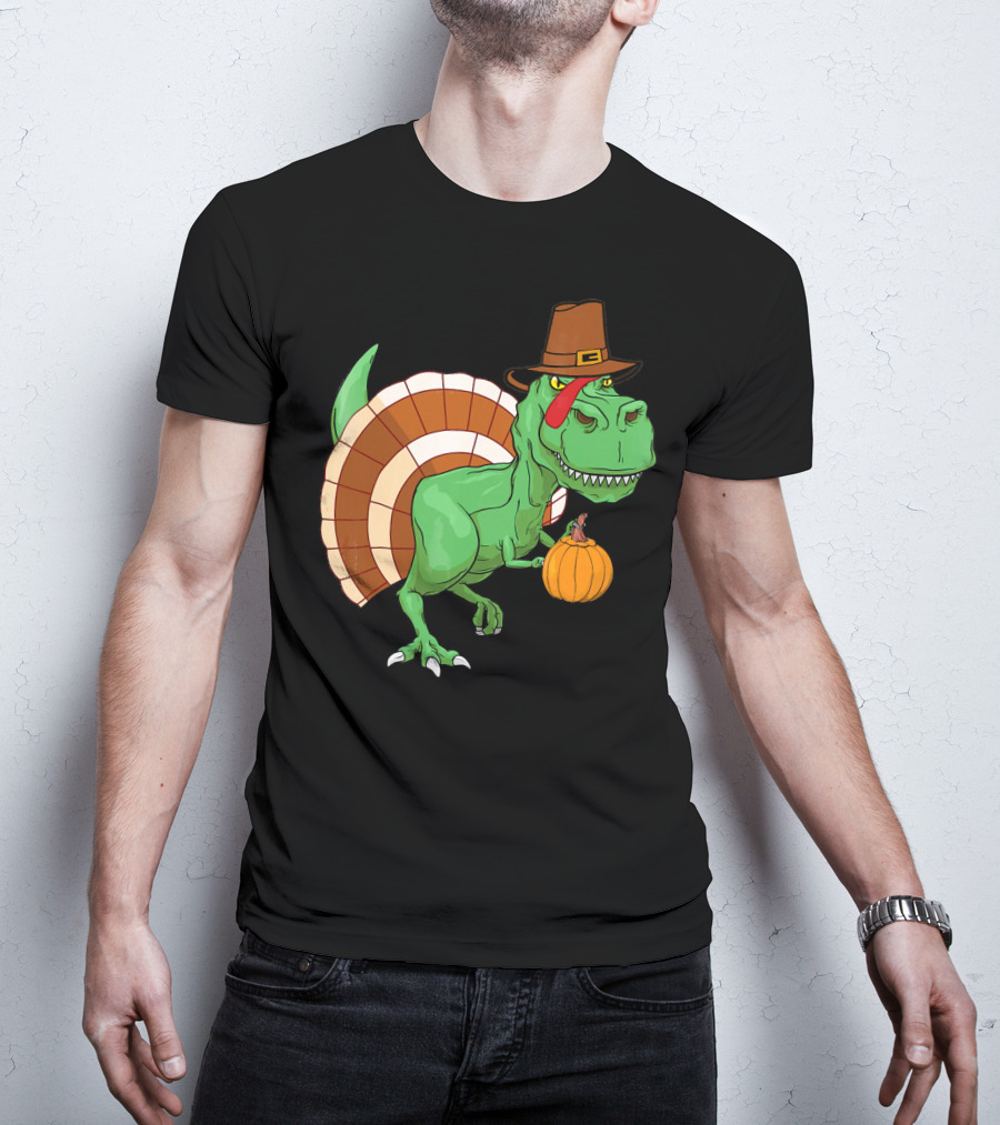 Thanksgiving T-Rex Turkey With Pilgrim Hat And Pumpkin T-Shirt