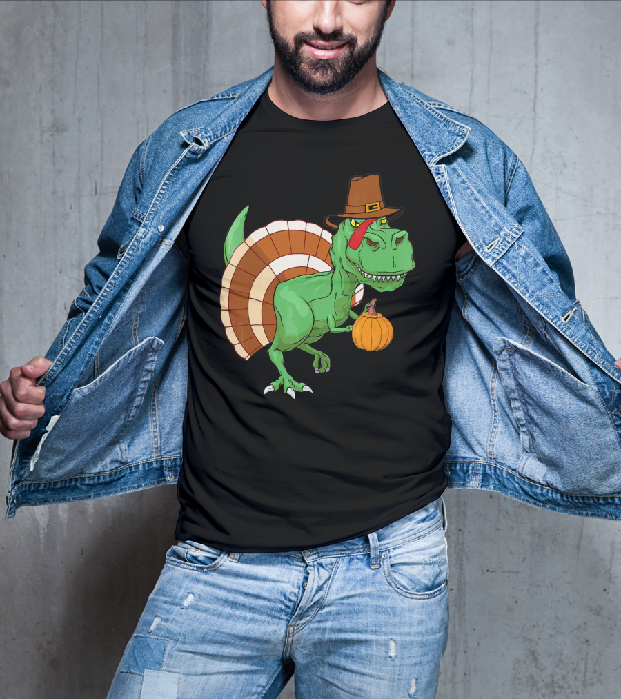 Thanksgiving T-Rex Turkey With Pilgrim Hat And Pumpkin T-Shirt