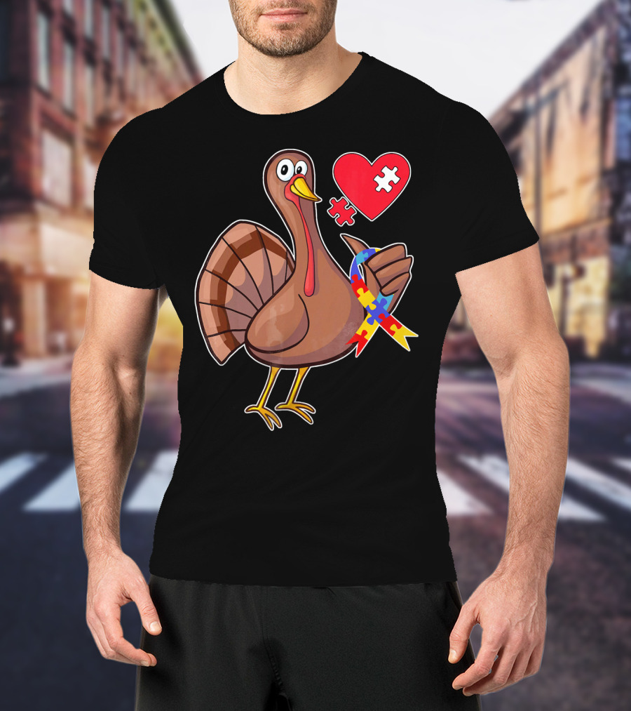Funny Autism Awareness Turkey Heart Puzzle T-Shirt