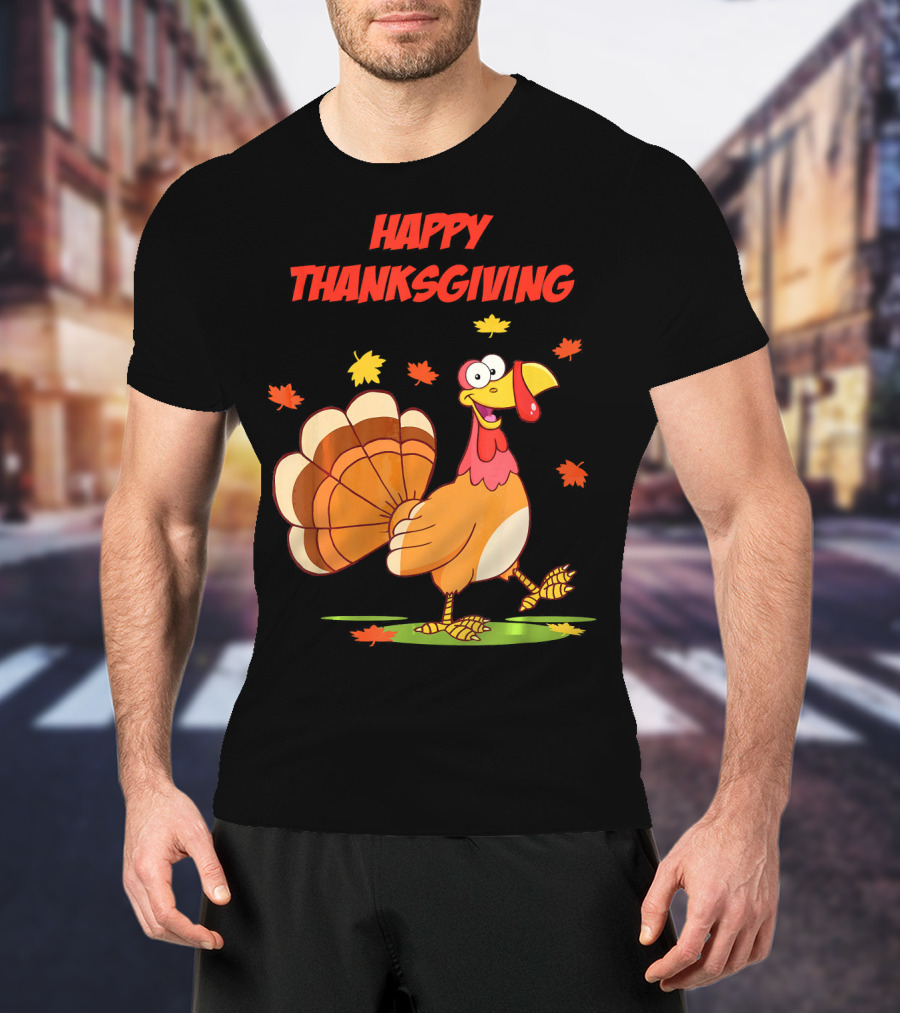 Happy Thanksgiving Funny Turkey Festive Cartoon With Falling Leaves T-Shirt