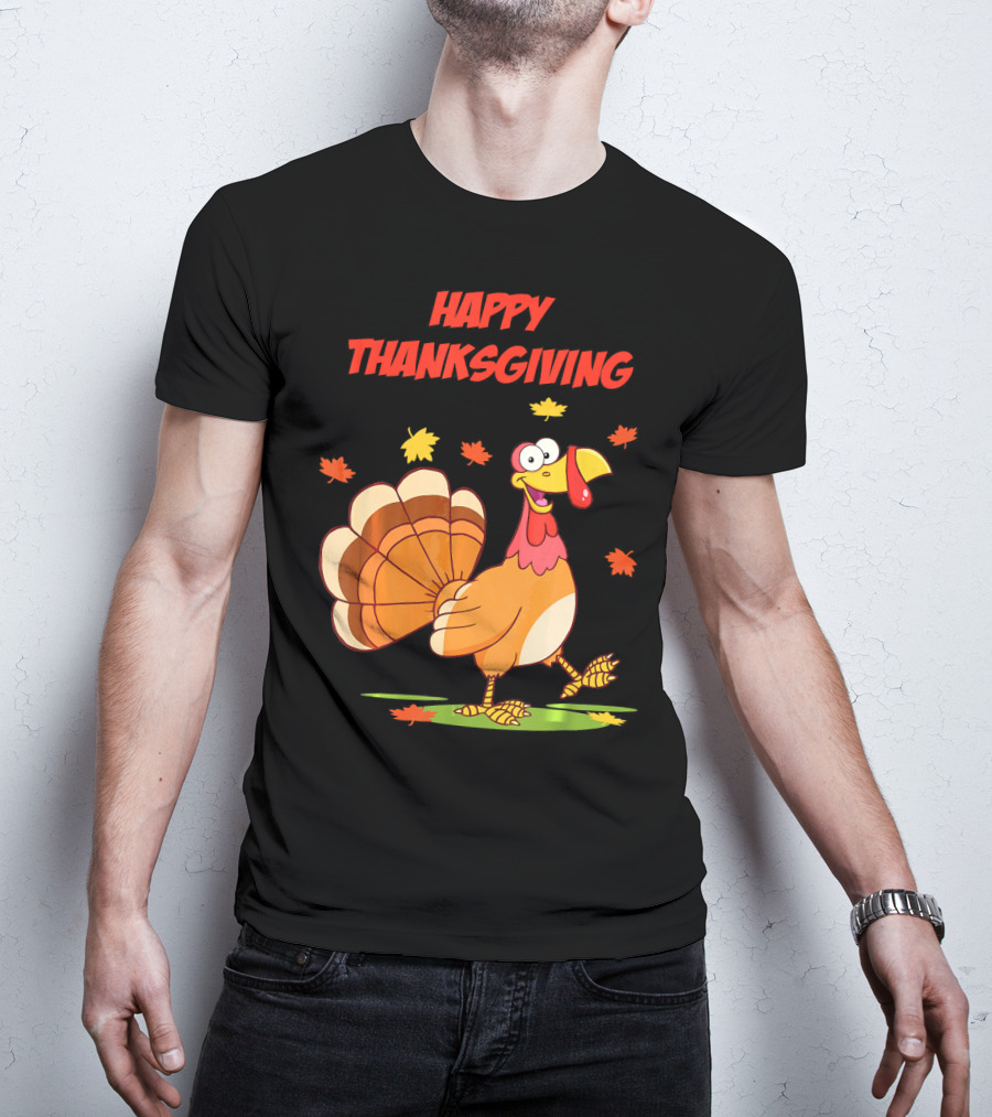 Happy Thanksgiving Funny Turkey Festive Cartoon With Falling Leaves T-Shirt