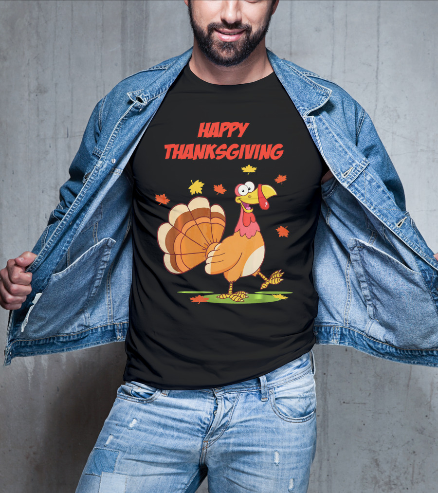 Happy Thanksgiving Funny Turkey Festive Cartoon With Falling Leaves T-Shirt