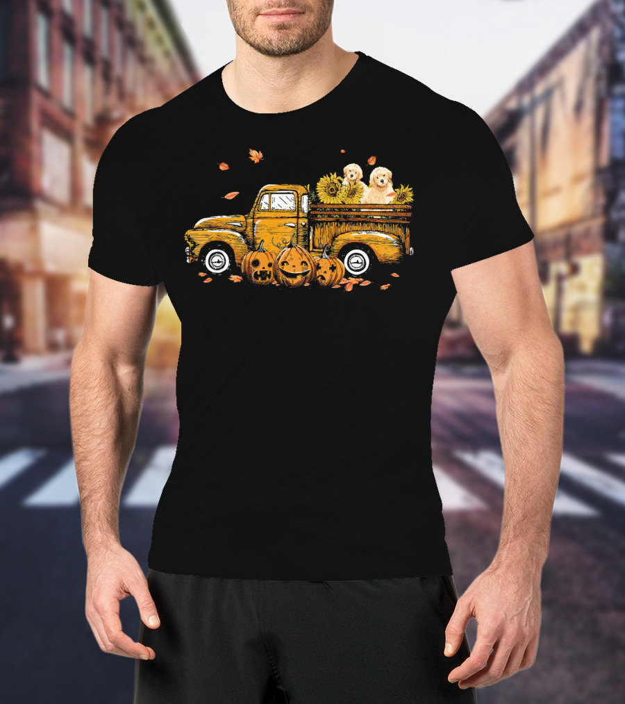 Pumpkin Truck With Sunflowers And Dogs Halloween Scene T-Shirt