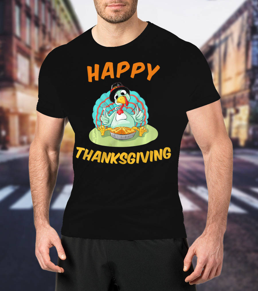 Happy Thanksgiving Funny Turkey Day Turkey Eating Pie T-Shirt