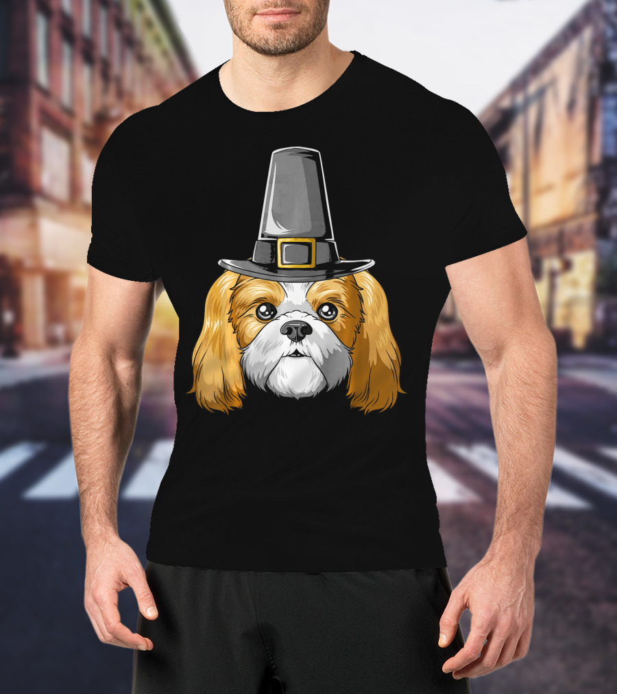 Shih Tzu Wearing Pilgrim Hat Thanksgiving T-Shirt