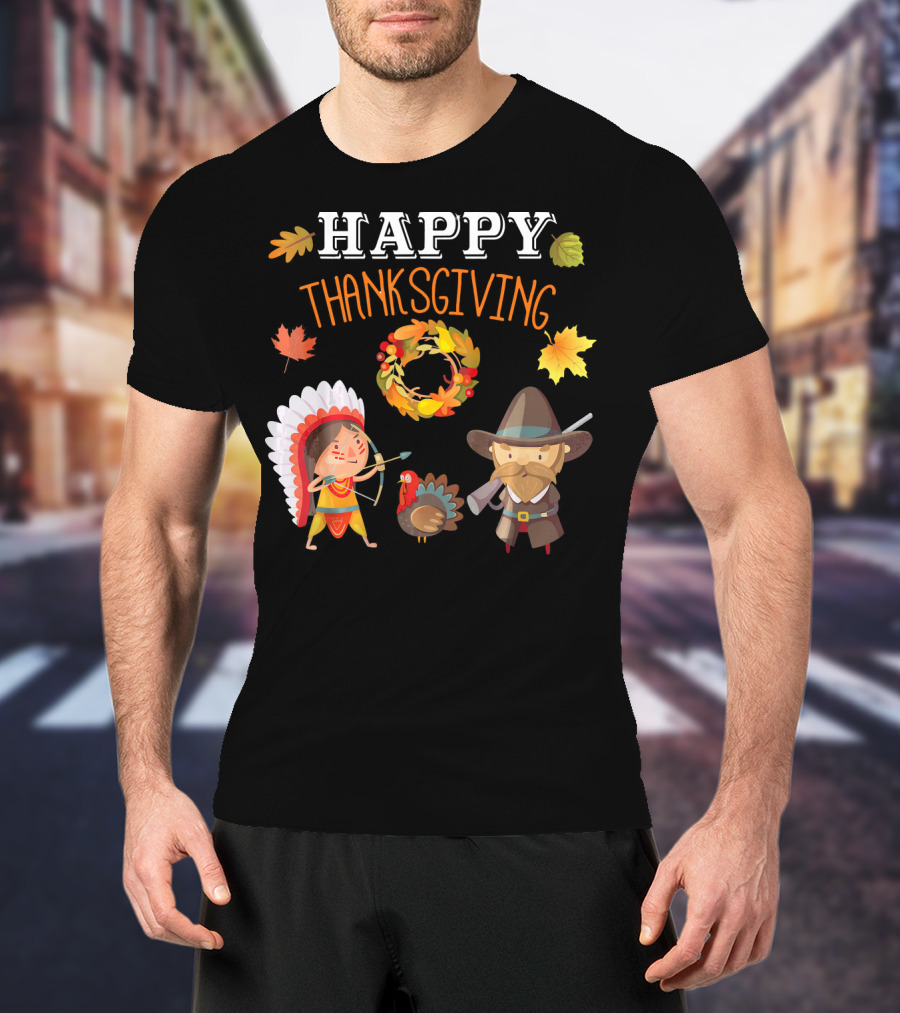 Thanksgiving Celebration With Native American And Pilgrim Turkey T-Shirt