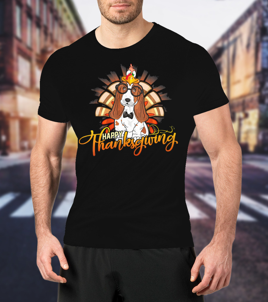 Happy Thanksgiving Basset Hound With Turkey Hat T-Shirt