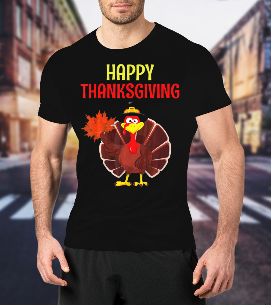 HAPPY THANKSGIVING Turkey Holding Leaf T-Shirt