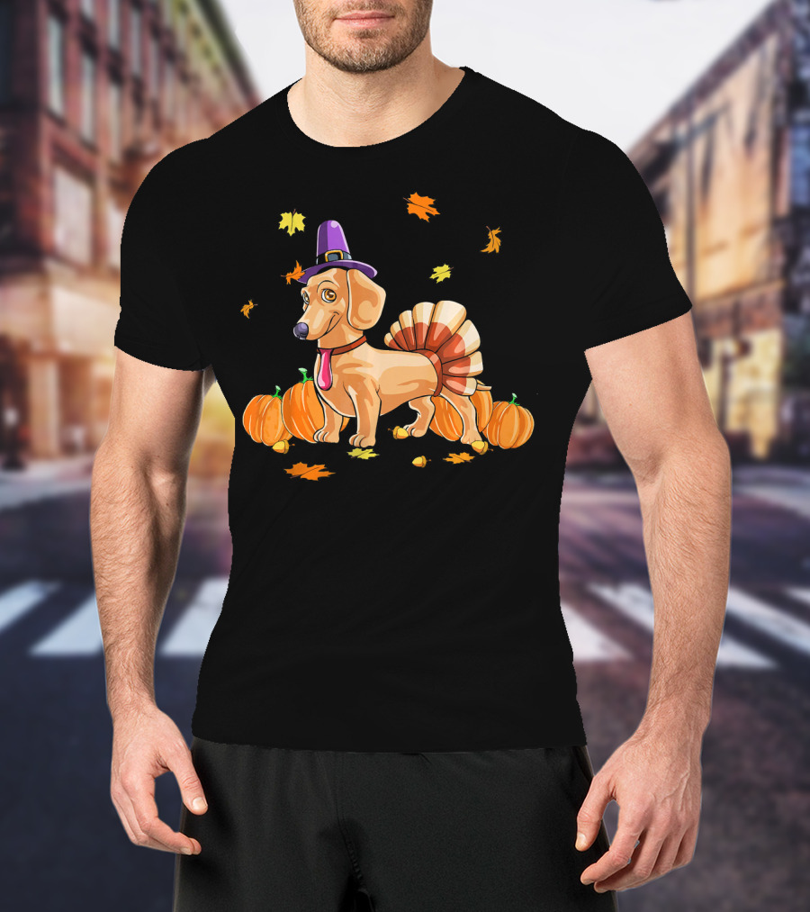 Happy Thanksgiving Dachshund Dressed As Turkey With Pumpkins And Fall Leaves T-Shirt