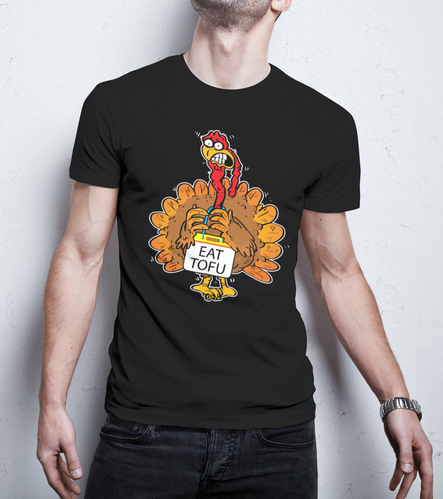 Save A Turkey Eat Tofu Funny Cartoon Turkey Holding Sign T-Shirt