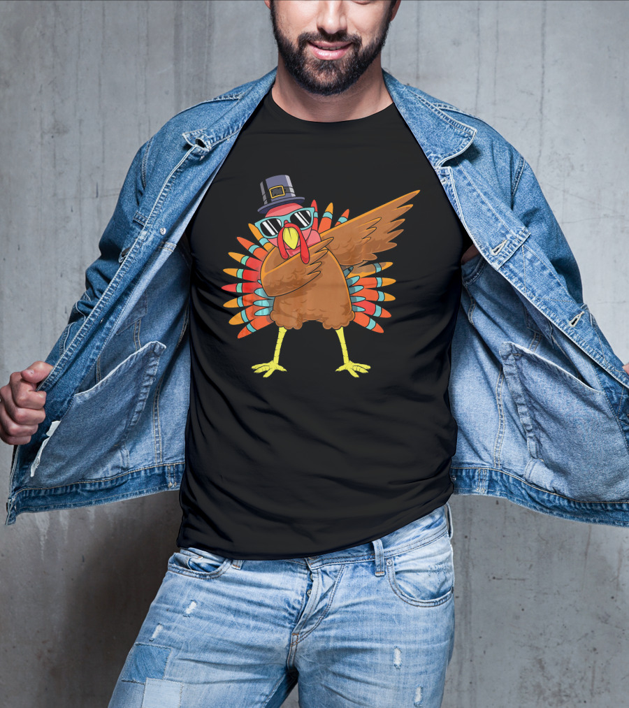 Funny Dabbing Turkey Dab Thanksgiving Bo Thanksgiving Turkey Dab Pilgrim Hat Sunglasses T-Shirt