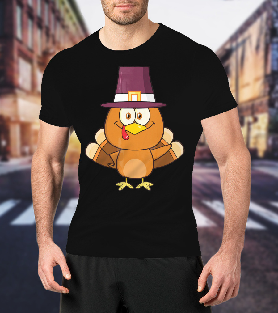 Cute Turkey Pilgrim With Hat And Feathered Wings T-Shirt