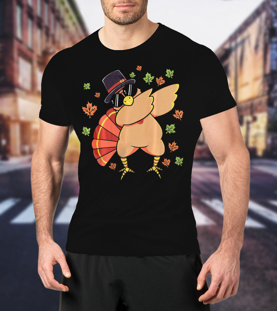 Cute Dabbing Turkey With Sunglasses And Pilgrim Hat Surrounded By Autumn Leaves T-Shirt