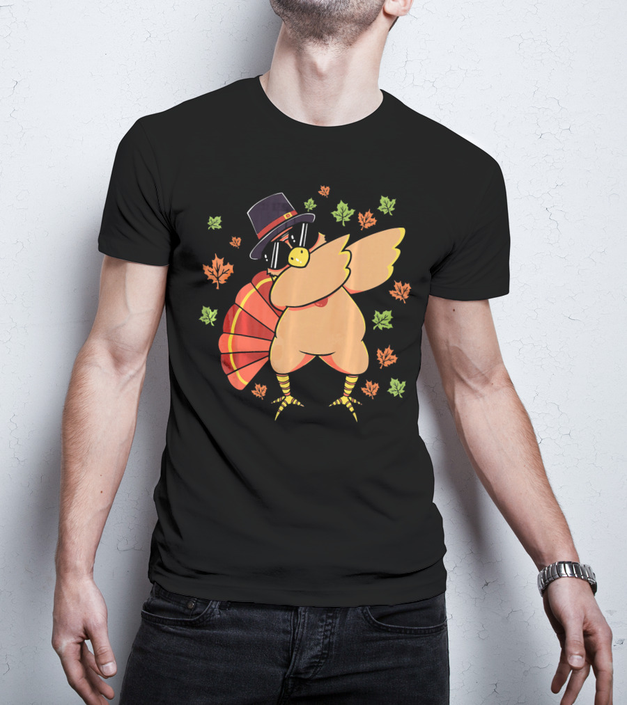 Cute Dabbing Turkey With Sunglasses And Pilgrim Hat Surrounded By Autumn Leaves T-Shirt