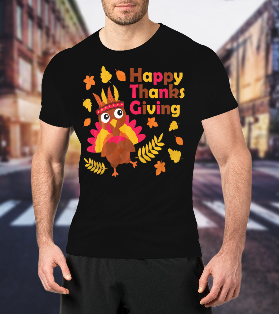 Happy Thanksgiving Cute Turkey With Native American Inspired Details And Autumn Leaves T-Shirt