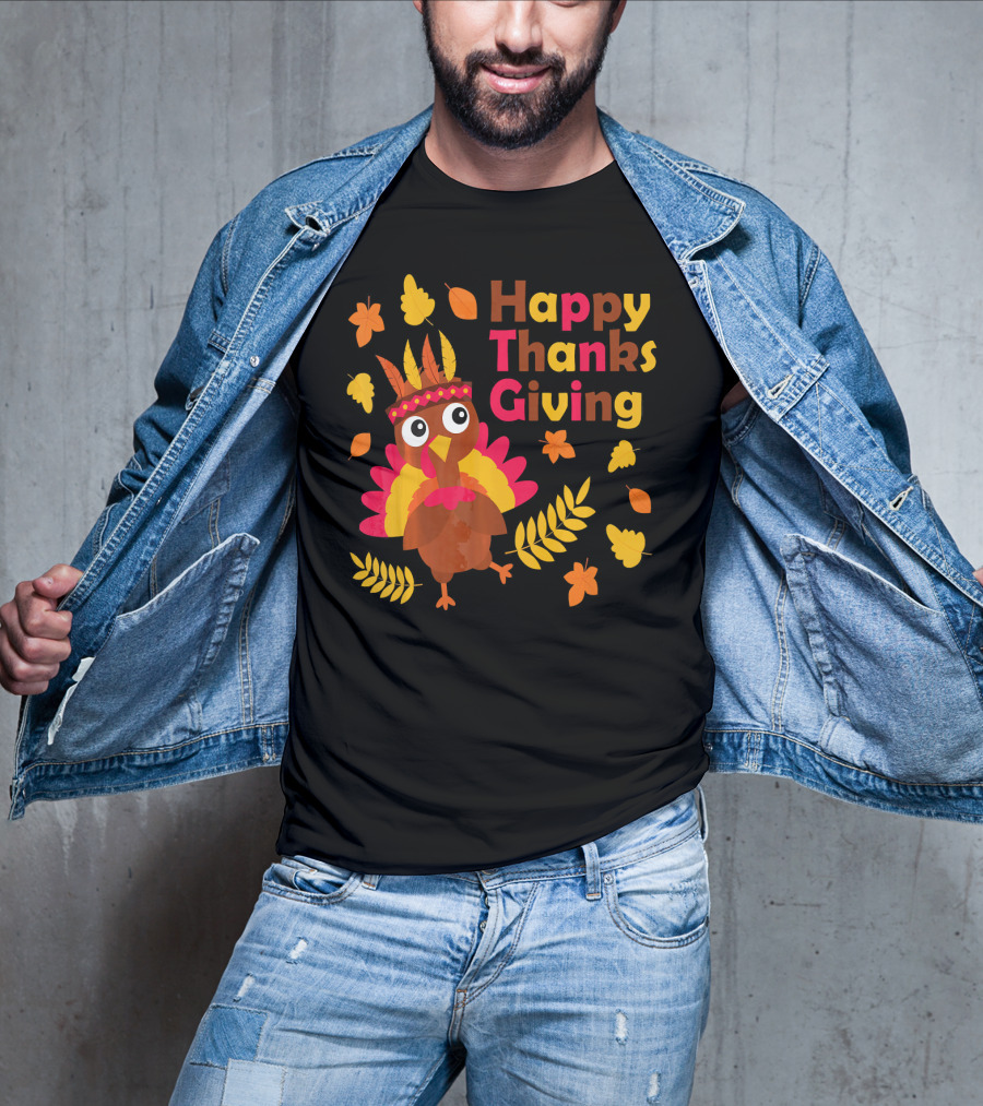 Happy Thanksgiving Cute Turkey With Native American Inspired Details And Autumn Leaves T-Shirt