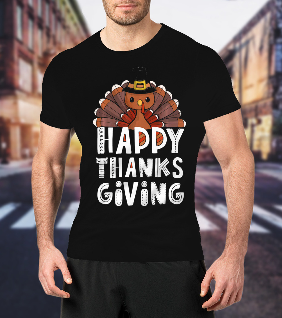 Happy Thanksgiving Funny Turkey Day With Pilgrim Hat T-Shirt