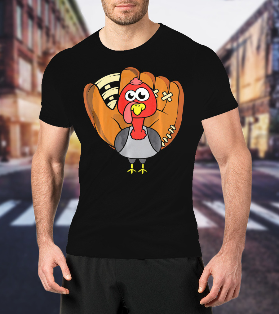 Turkey Day Cute Thanksgiving Boys Turkey With Baseball Glove T-Shirt