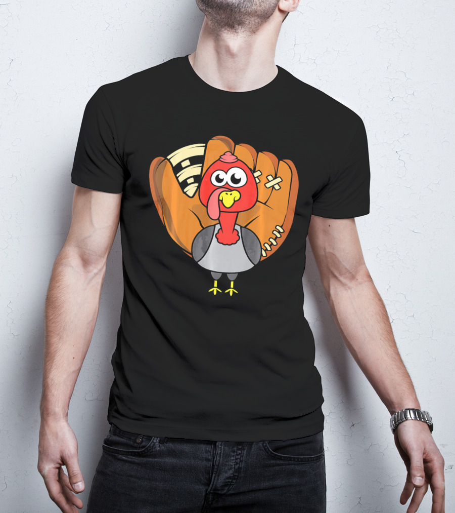 Turkey Day Cute Thanksgiving Boys Turkey With Baseball Glove T-Shirt
