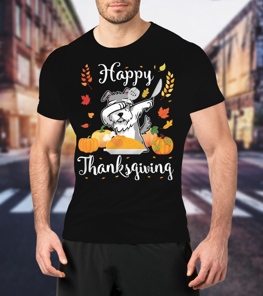 Happy Thanksgiving Schnauzer Dabbing With Turkey And Pumpkins T-Shirt