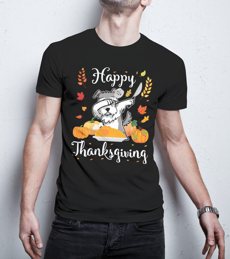 Happy Thanksgiving Schnauzer Dabbing With Turkey And Pumpkins T-Shirt